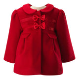Baby Bow Trim Peter Pan Collar Long Puff Sleeve Flap Pocket Coat