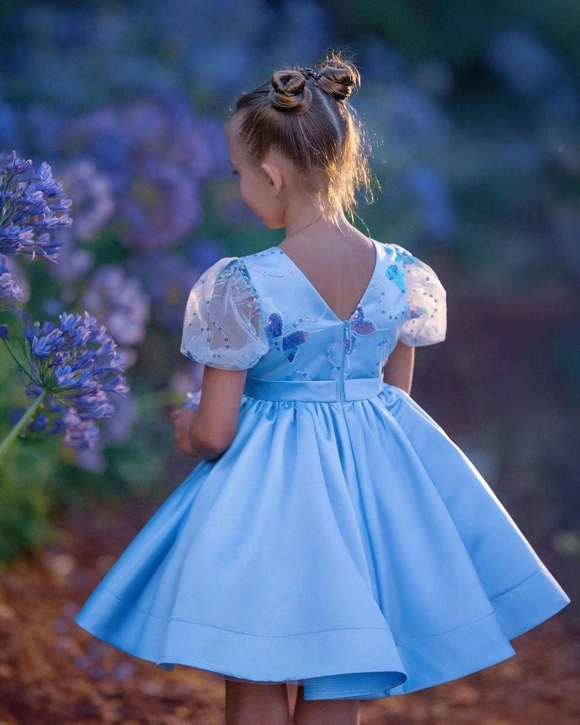 Celestial Butterfly Blue Sequin Tulle Birthday Dress for Girls