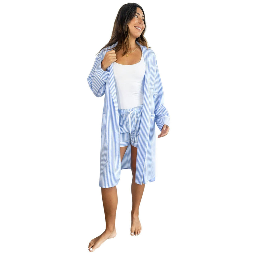 Women's Braddock Classic Robe - Blue Stripe Organic Cotton Poplin