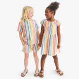 Kids cotton gauze boardwalk dress in rainbow stripe