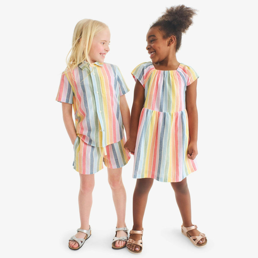 Kids cotton gauze boardwalk dress in rainbow stripe