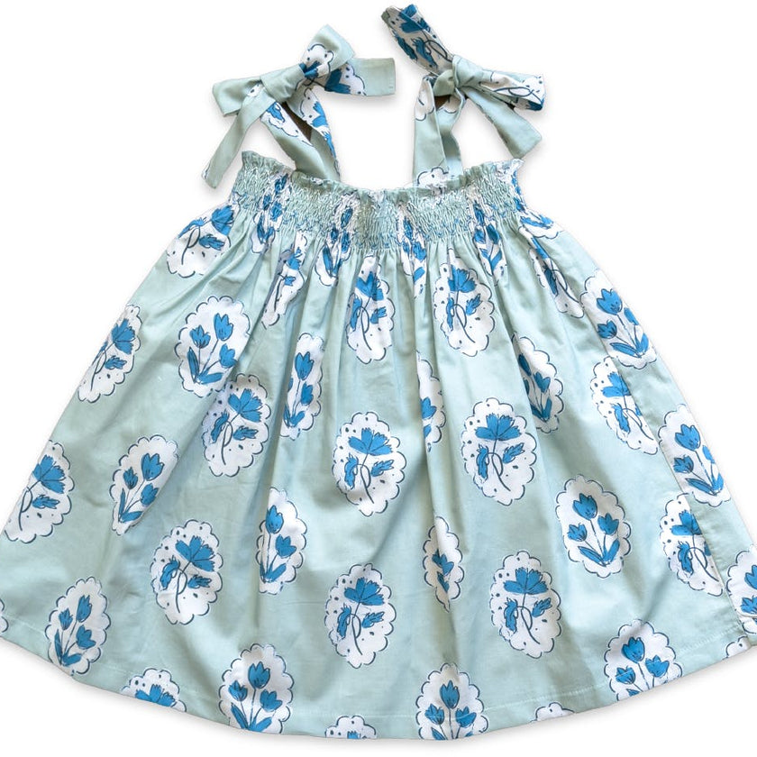 Teatime Dress | Smocked Tie Top | Medallion Flower Blue