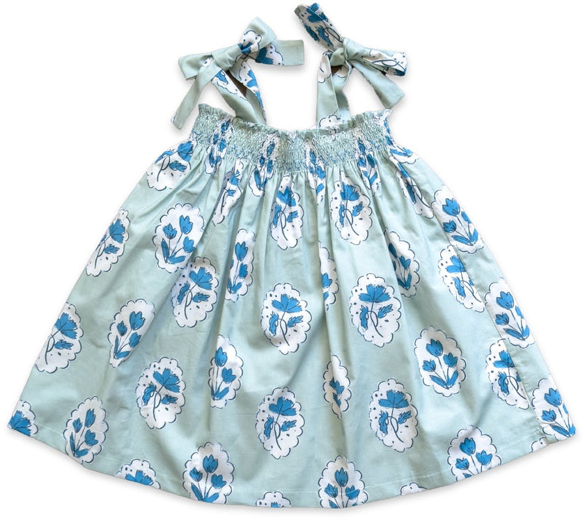 Teatime Dress | Smocked Tie Top | Medallion Flower Blue