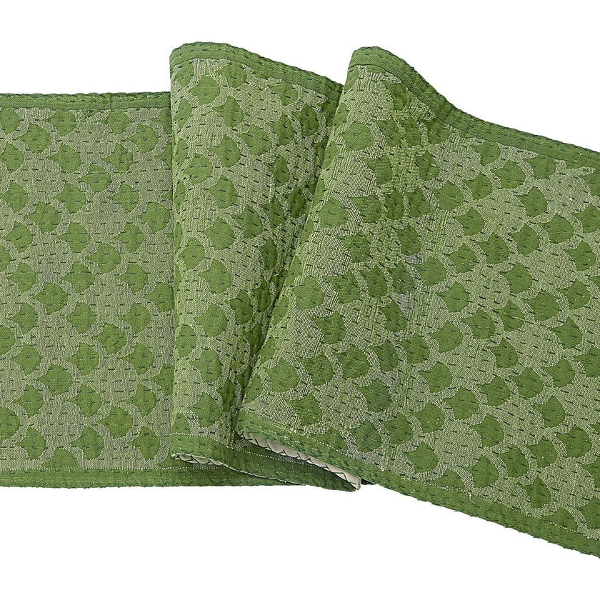 Artisan Hand Loomed Cotton Table Runner - Green Ginkgo - 18"x96"