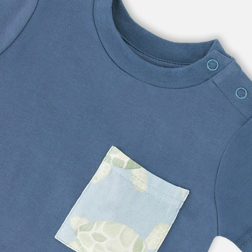 Organic Cotton Jersey T-Shirt And Pants Set Medium Blue And Blue Turtle Print