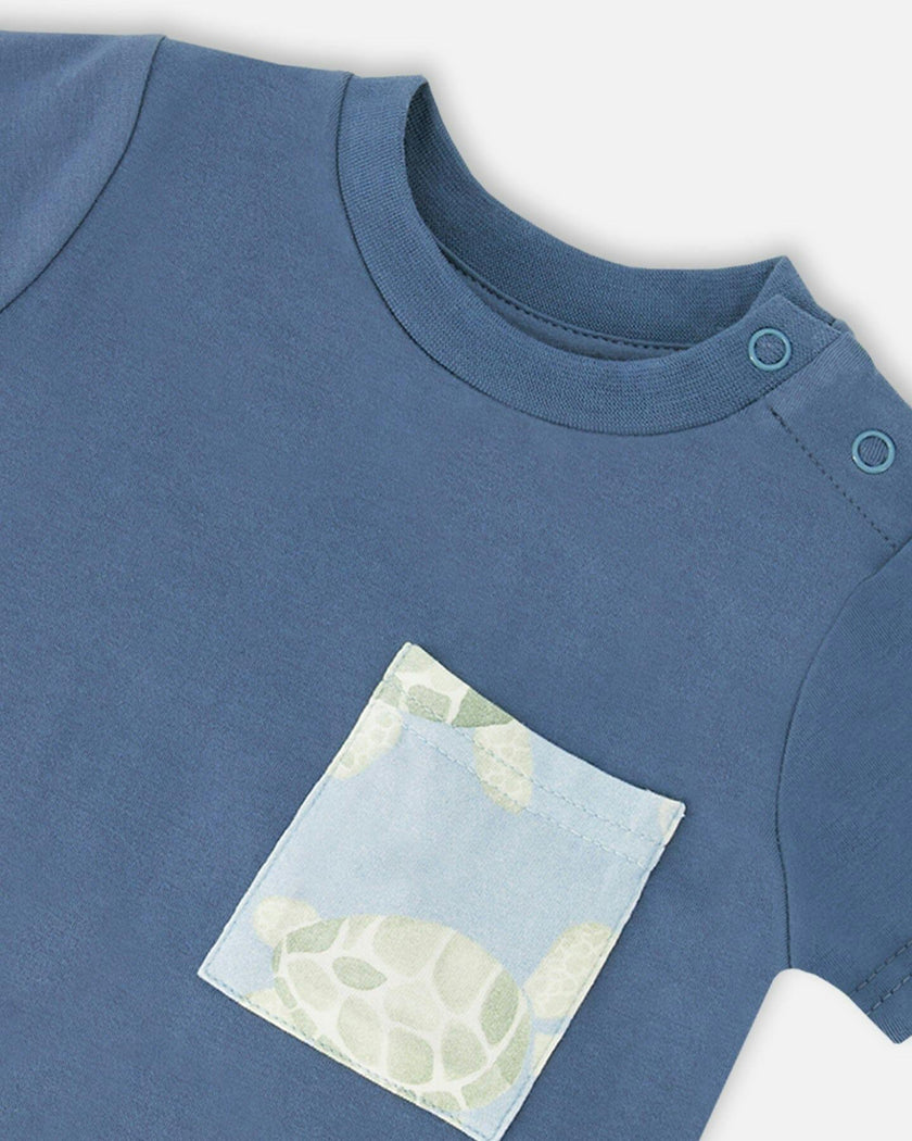 Organic Cotton Jersey T-Shirt And Pants Set Medium Blue And Blue Turtle Print