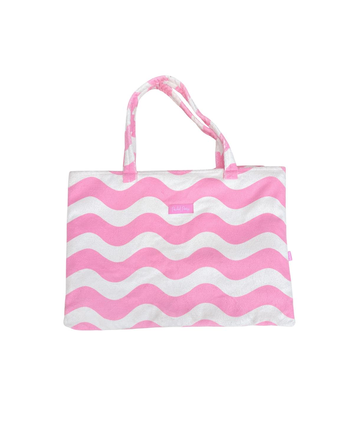 Packed Party Coastal Comfort Pink Scallops 2-in-1 Tote Towel Bag – Wave Print Beach Tote that Unfolds into a 64.5x34 Inch Towel for Beach and Pool Days