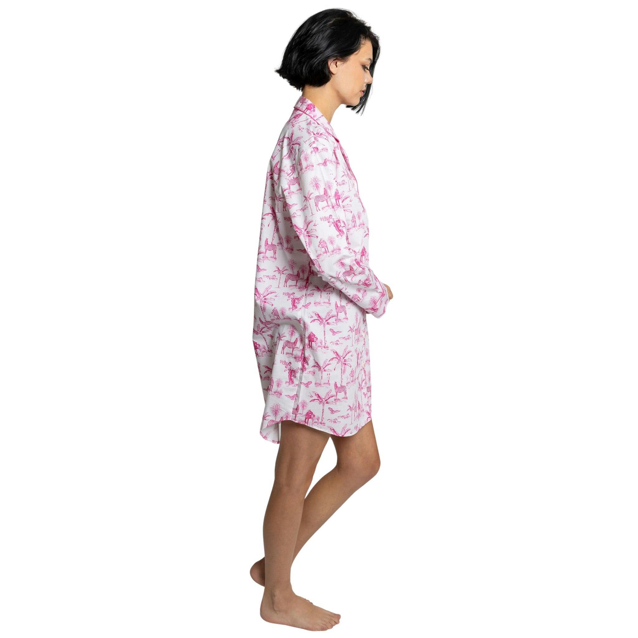 Women's Skydog Toile Pink Night Shirt - Organic Cotton Poplin