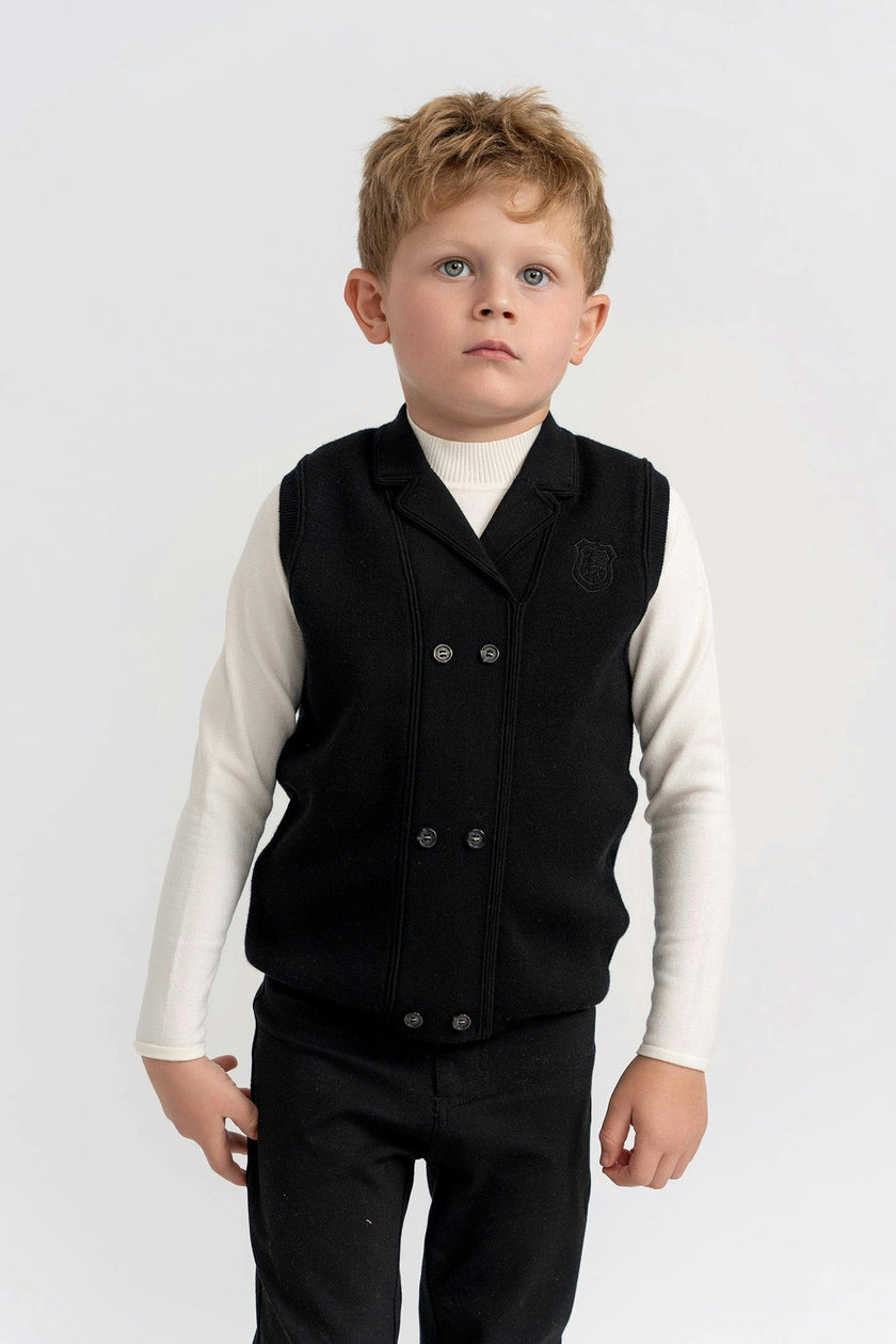 Double-Breasted Crest-Embroidered Knit Vest