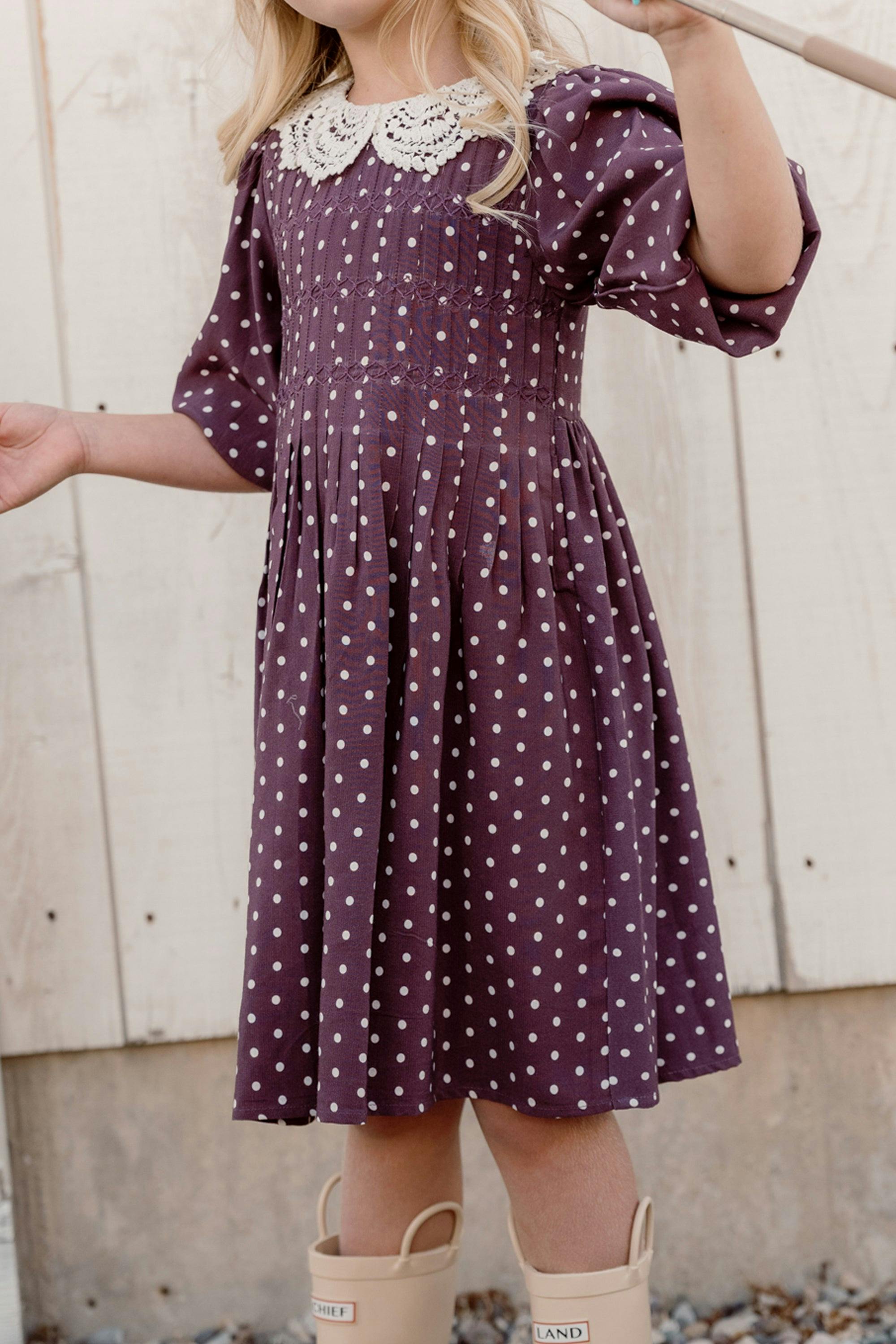 Mini Jillian Dress in Aubergine Ditsy Dot