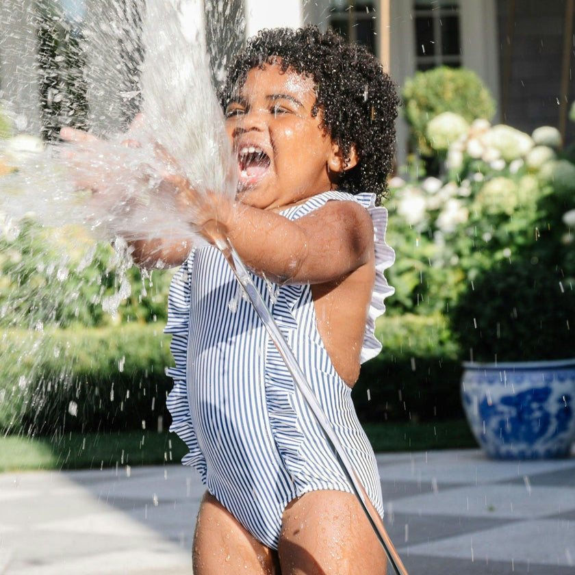 girls navy stripe ruffle one piece