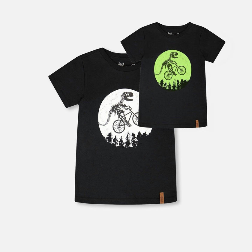 Glow In The Dark Organic Cotton Jersey T-Shirt With Dino On Bike Print Black