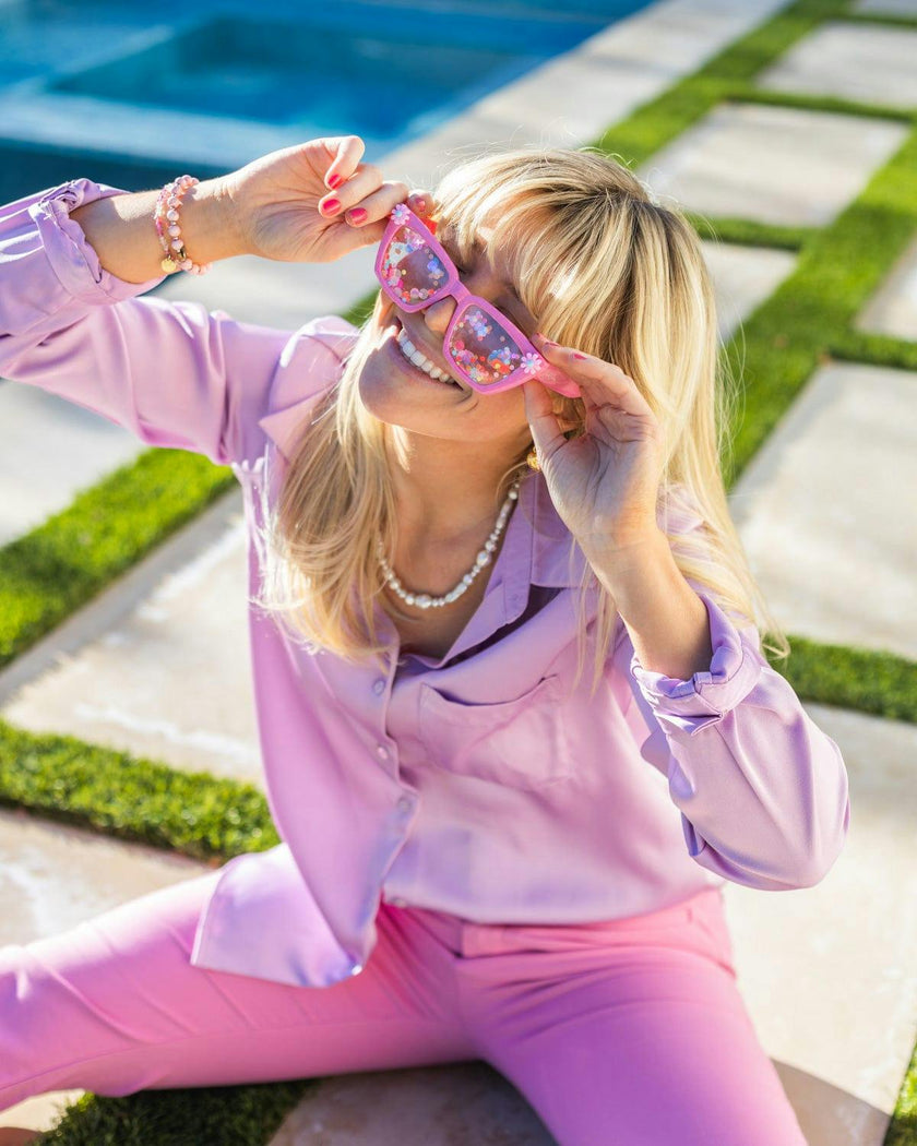 Packed Party Vitamin Me Confetti Novelty Sunglasses - Pink Checkered Frames with 3D Silicone Flowers and Multicolor Confetti Lenses, 2x6 Inch, One Size