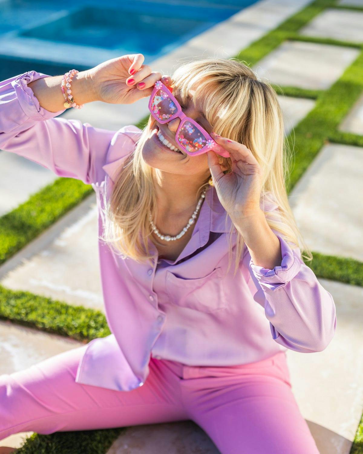 Packed Party Vitamin Me Confetti Novelty Sunglasses - Pink Checkered Frames with 3D Silicone Flowers and Multicolor Confetti Lenses, 2x6 Inch, One Size