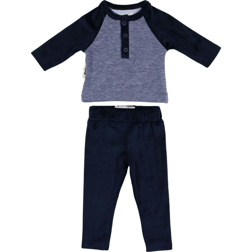 Velour Contrast Raglan Sleeve Henley Tee & Pant 2-Piece Set