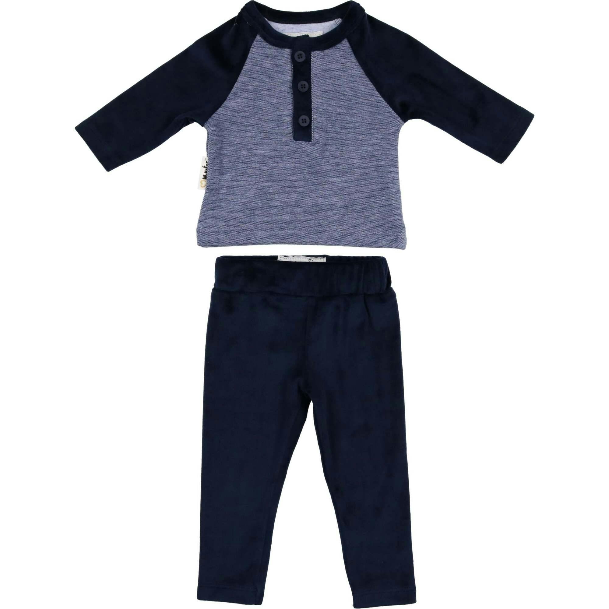 Velour Contrast Raglan Sleeve Henley Tee & Pant 2-Piece Set