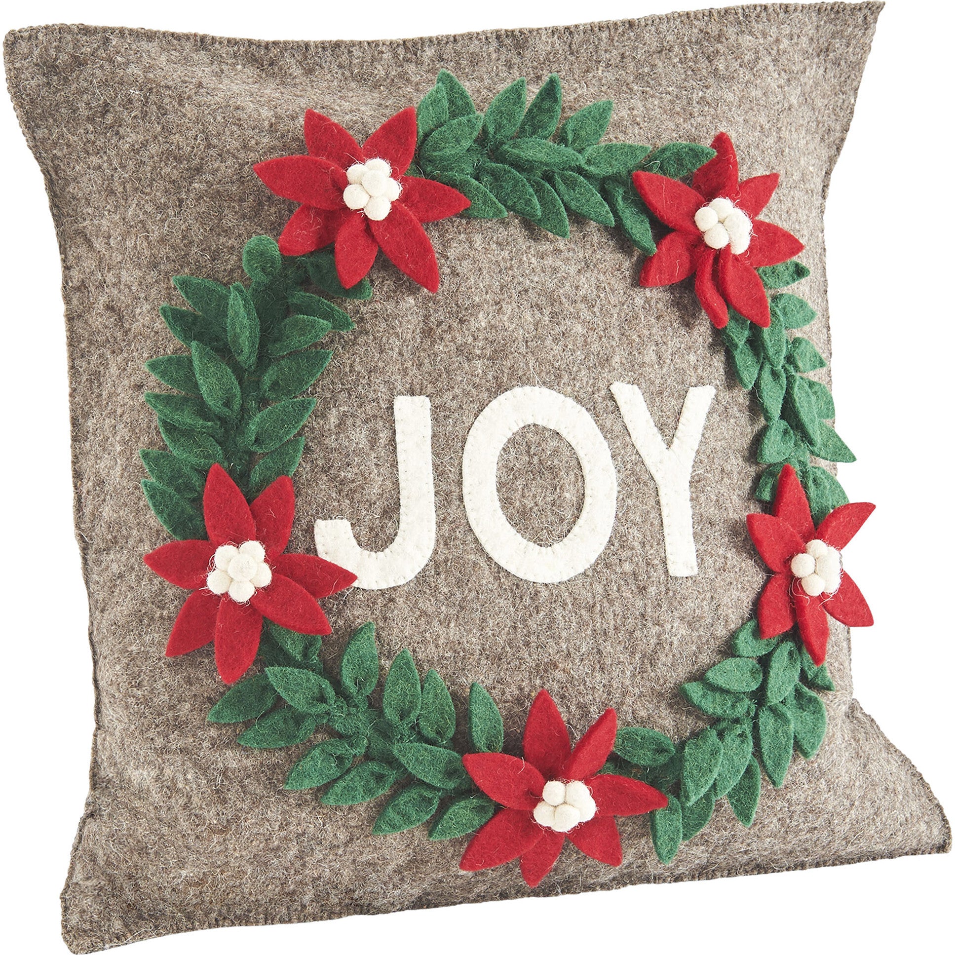 Hand Felted Wool Christmas Pillow - JOY Wreath in Natural Gray - 20
