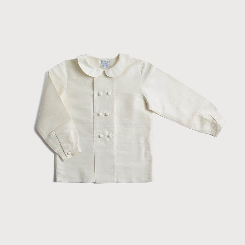 Boy's white double-breasted Peter Pan collar silk shirt (12mths-10yrs)