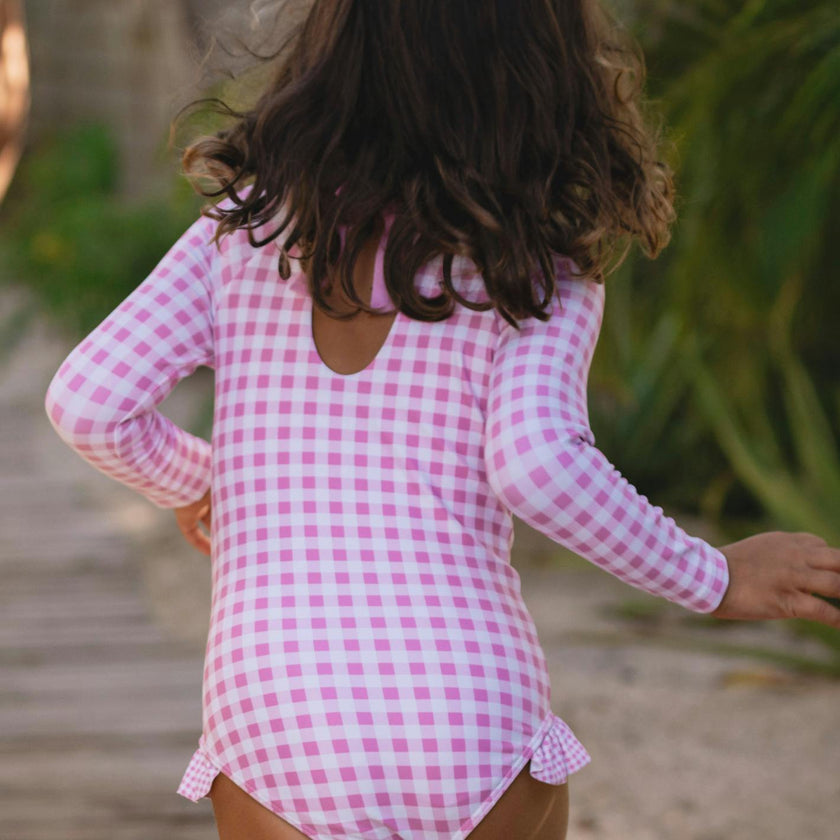 girls blush gingham rashguard one piece