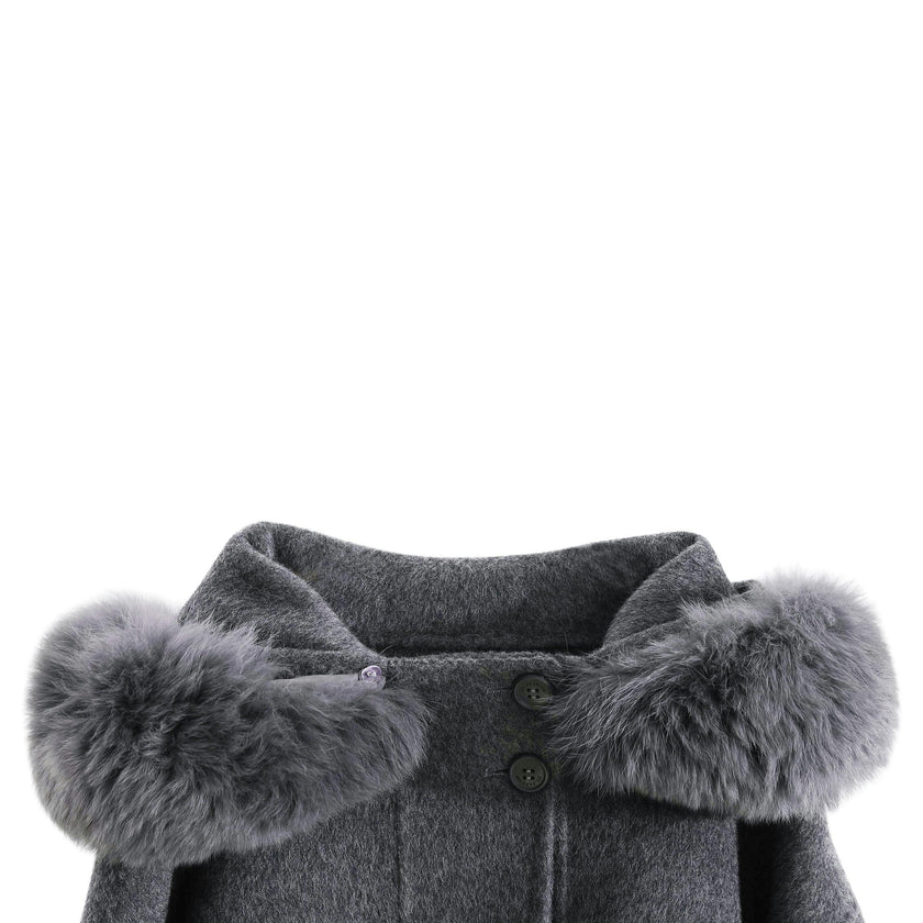Gray Wool Coat with Faux Fur Hood
