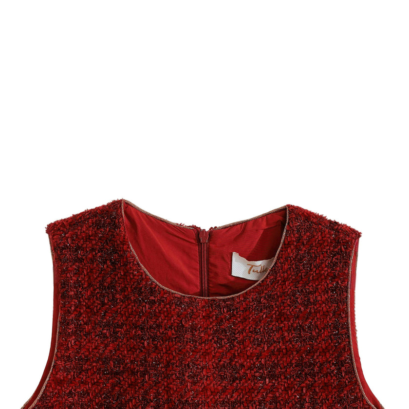 Red Tweed & Tulle Ruffle Dress