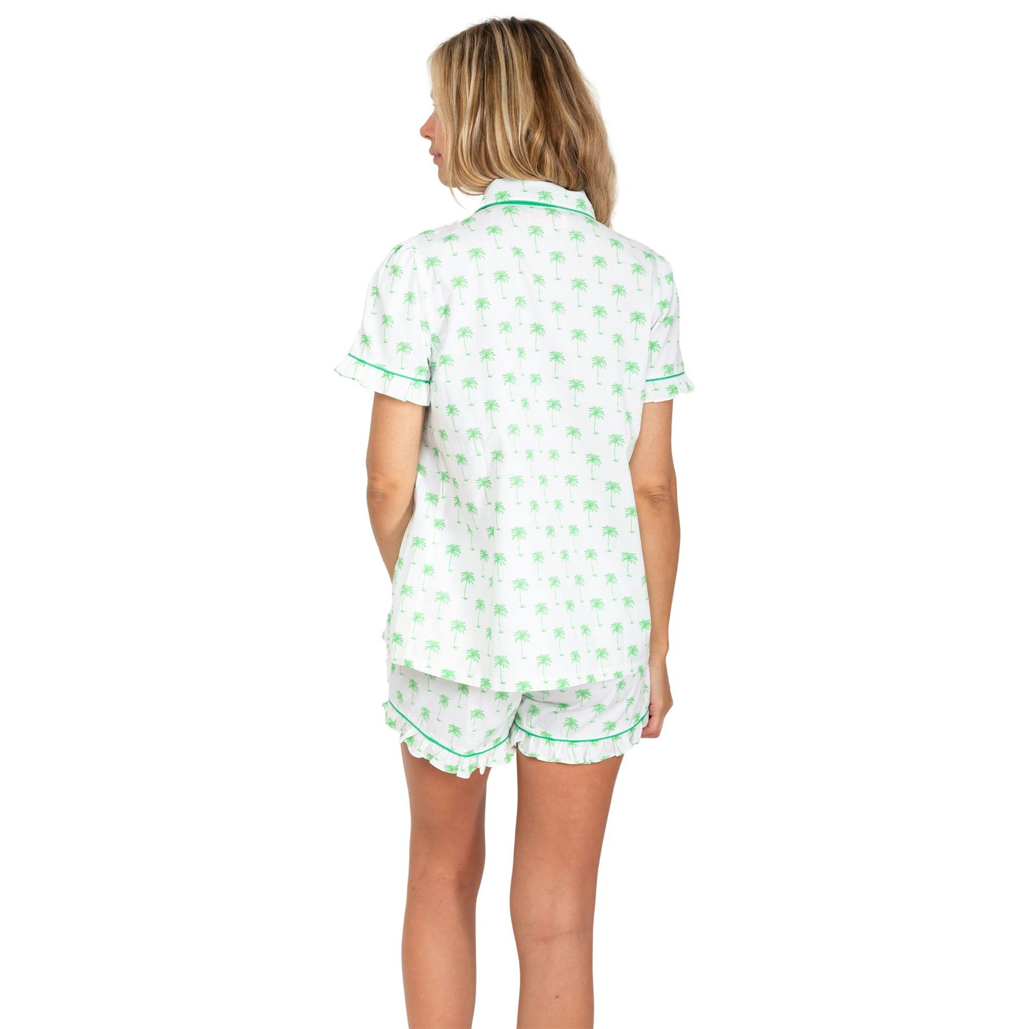 Women's Green Palm Tree Short PJ Set - Organic Cotton Poplin
