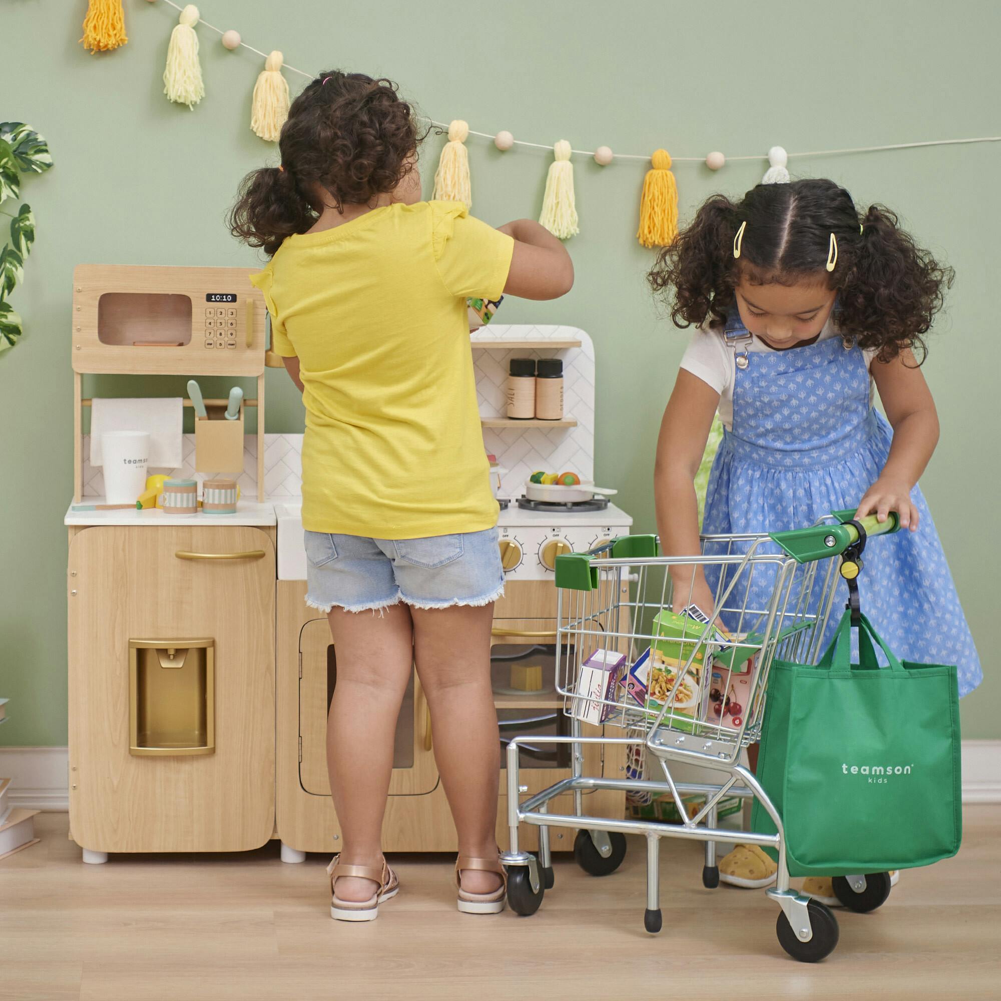 Little Helper Dallas Shopping Cart With Play Food - Chrome/Green