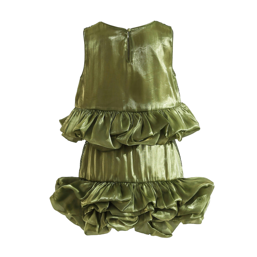 Green Evadelle Satin Ruffle Skirt Set