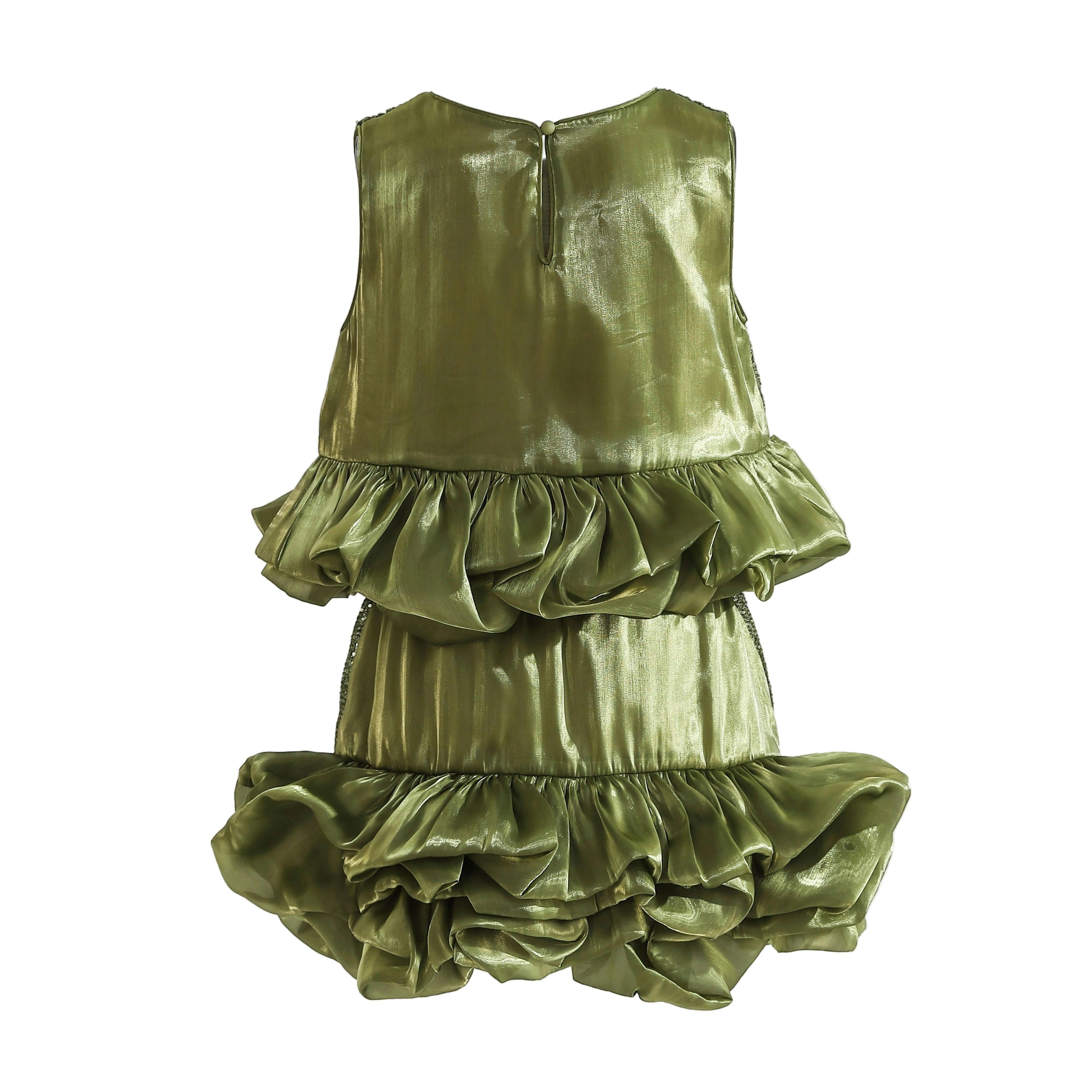 Green Evadelle Satin Ruffle Skirt Set