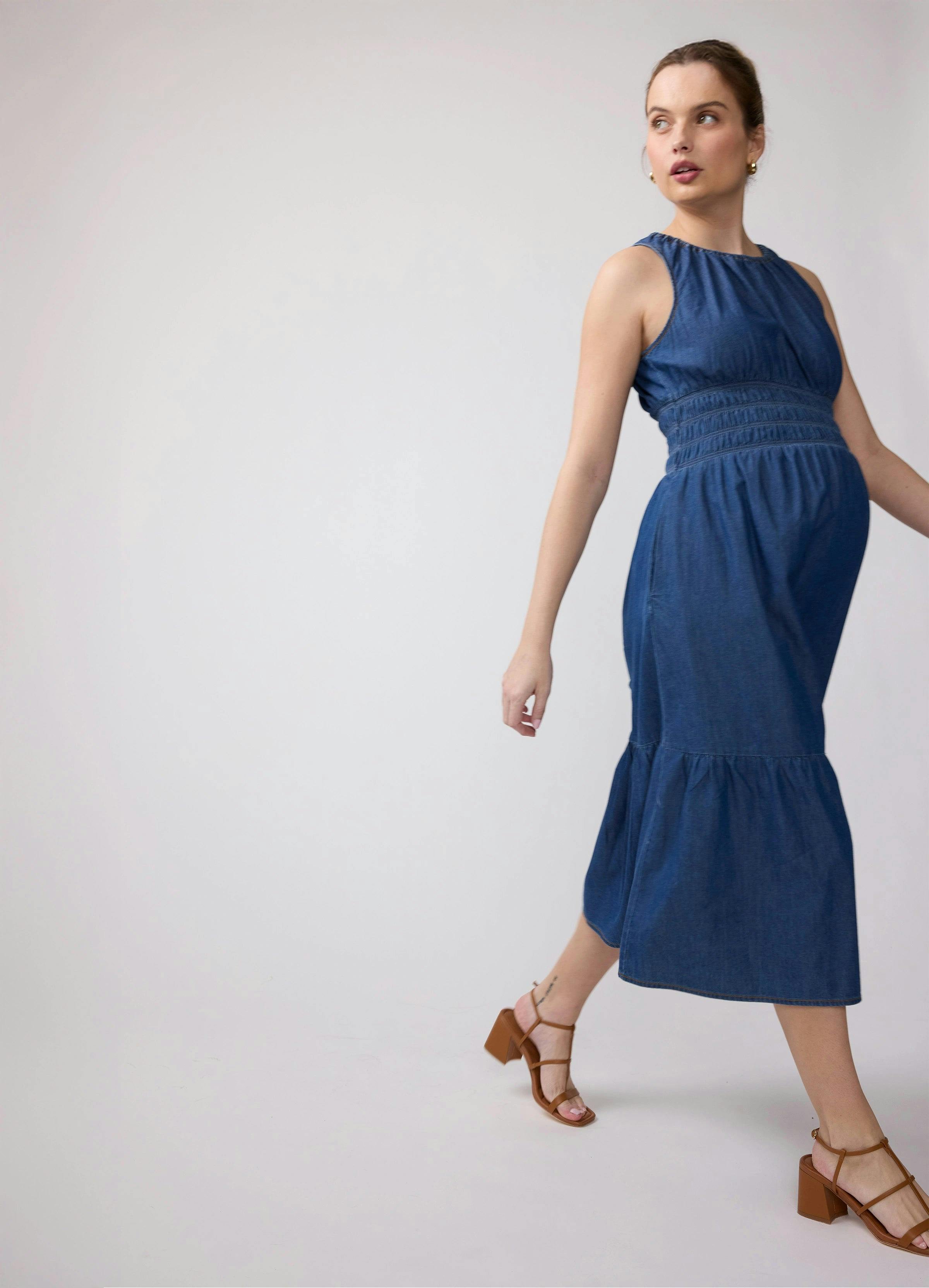 Sleeveless Chambray Maternity and Nursing Midi Dress