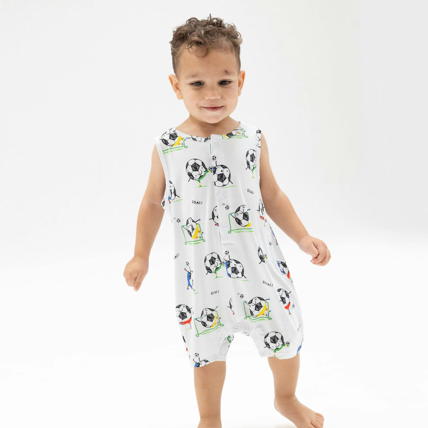 Soccer Balls Playing Soccer  Blue - Sleeveless Shortie Romper