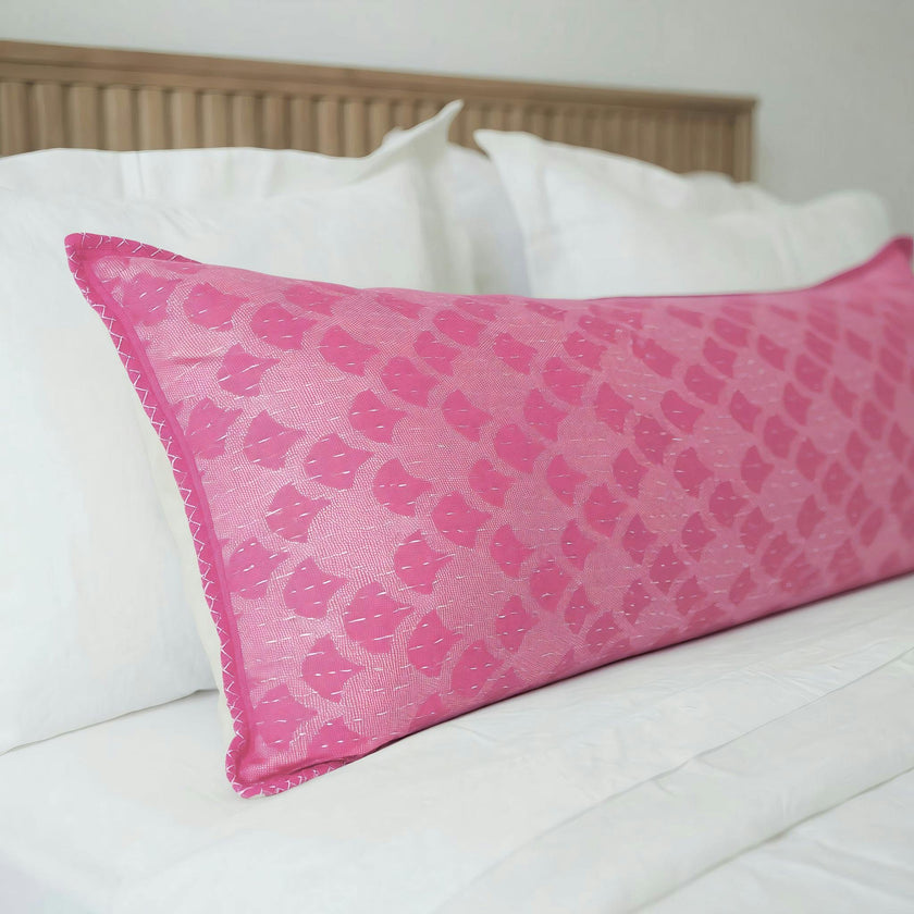 Artisan Hand Loomed Cotton Lumbar Pillow - Pink Ginkgo - 16"x48"
