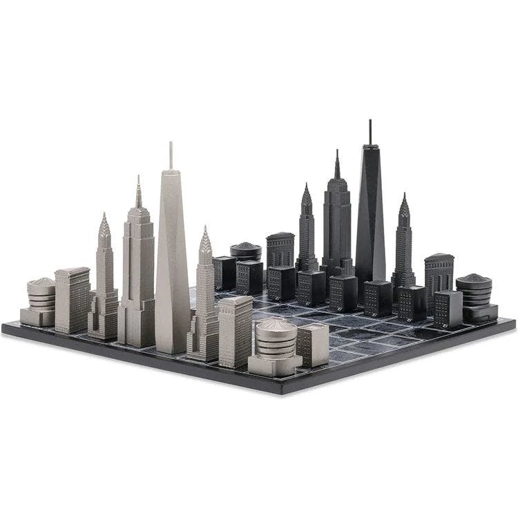 Chess Set Stainless Steel NEW YORK with Wood Map Board