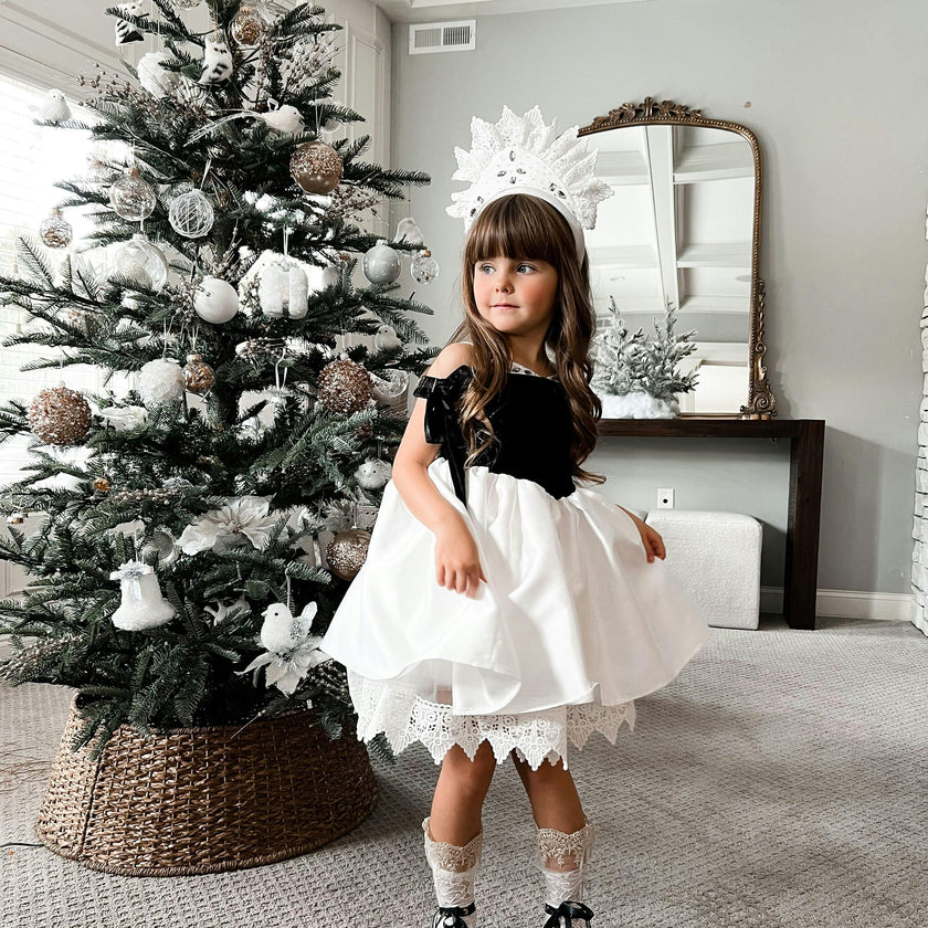 Audrey Black Velour Top and White Sateen Dress
