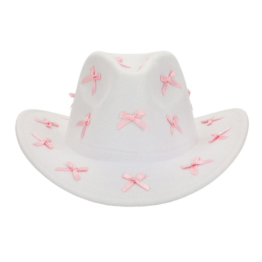 Packed Party Howdy Darling Pink Bow Cowboy Hat - White Felt Cattleman's Crease Cowgirl Hat with Pink Satin Ribbon Bows, One Size Fits All