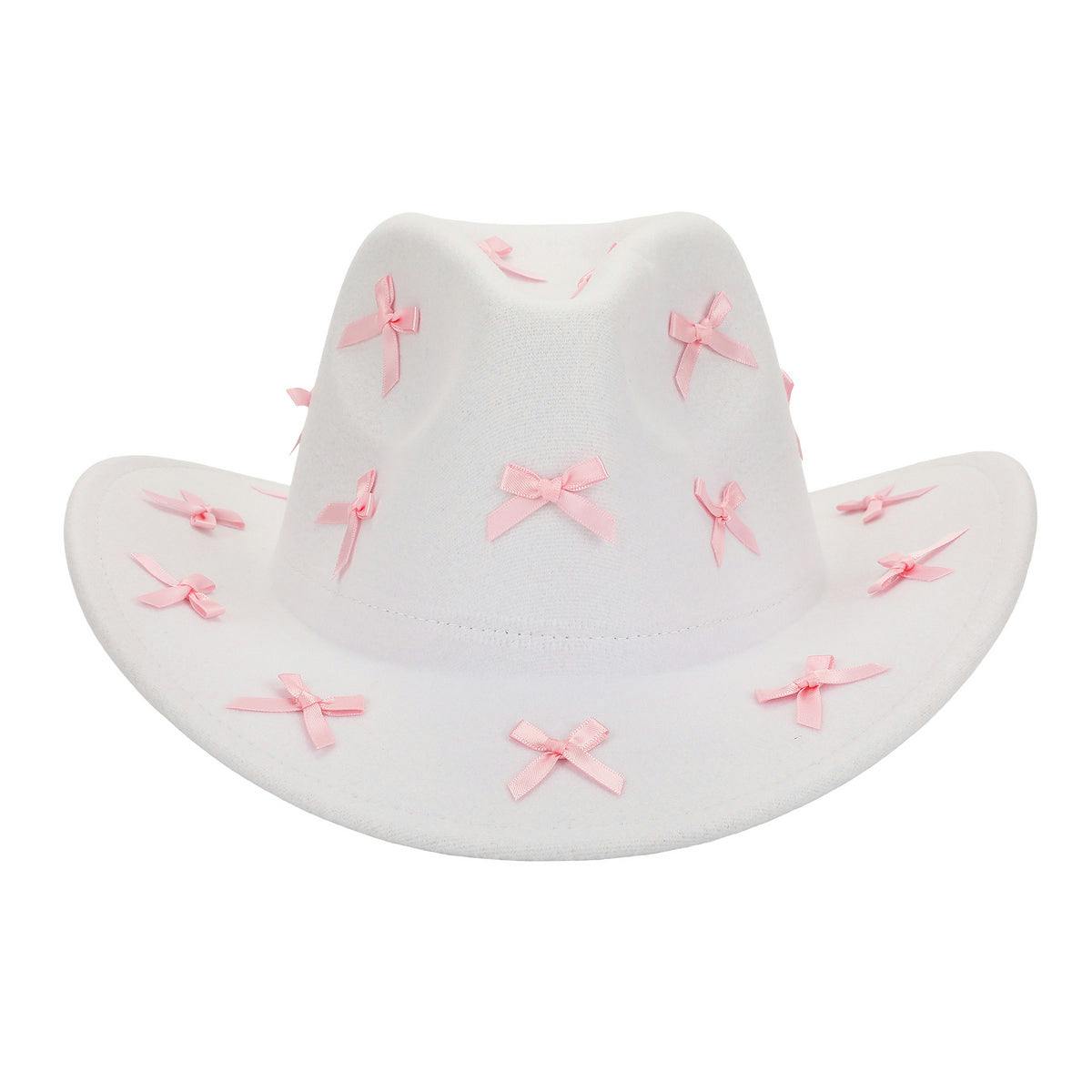 Packed Party Howdy Darling Pink Bow Cowboy Hat - White Felt Cattleman's Crease Cowgirl Hat with Pink Satin Ribbon Bows, One Size Fits All