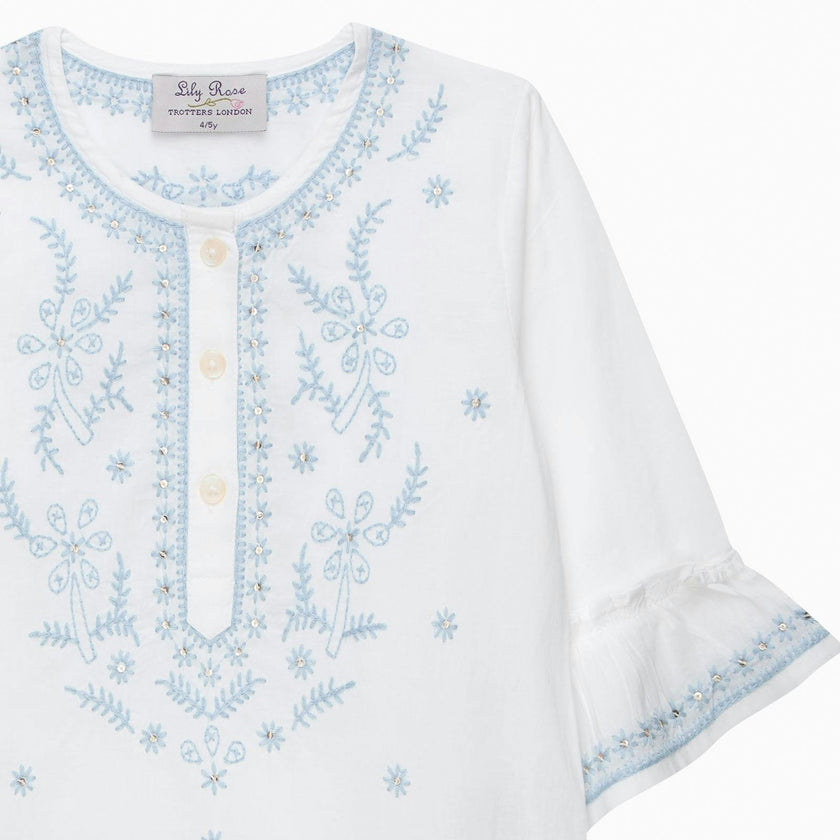 Embroidered Kaftan in White/Blue