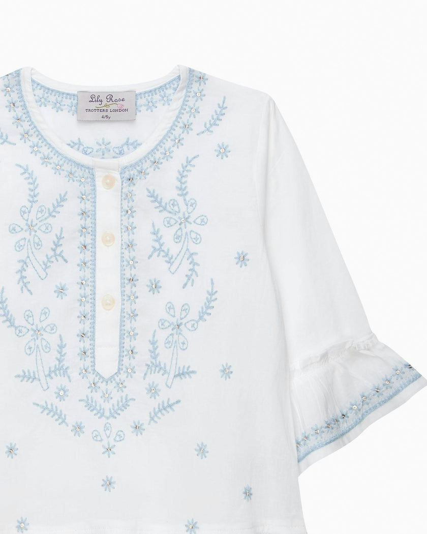 Embroidered Kaftan in White/Blue