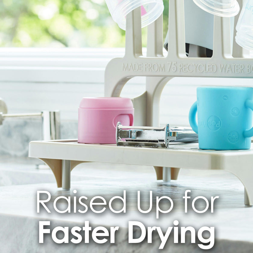 PopYum Seattle Gray Drying Rack from 100% Recycled Bottles with Silicone Drying Mat, countertop for Baby Bottle, Plastic Bags, Cups, Compact
