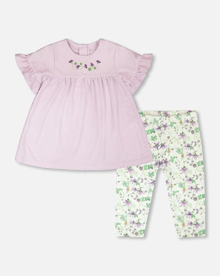 Jersey Tunic And Cotton Capri Set Lavender And Green Printed Flowers