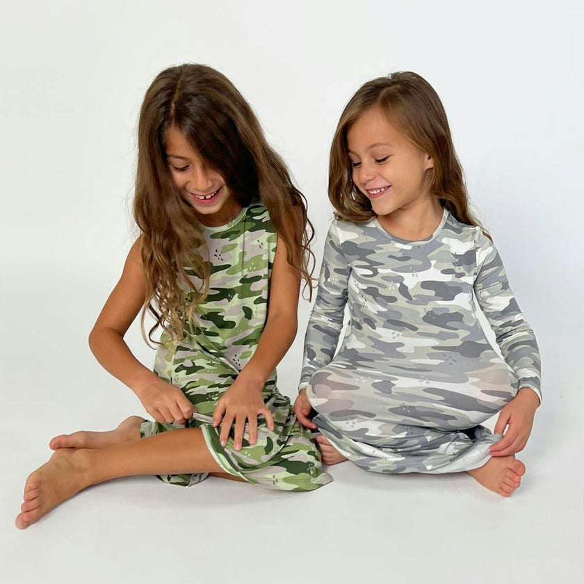 Grey Camo Bamboo Girls' Long Sleeve Dress