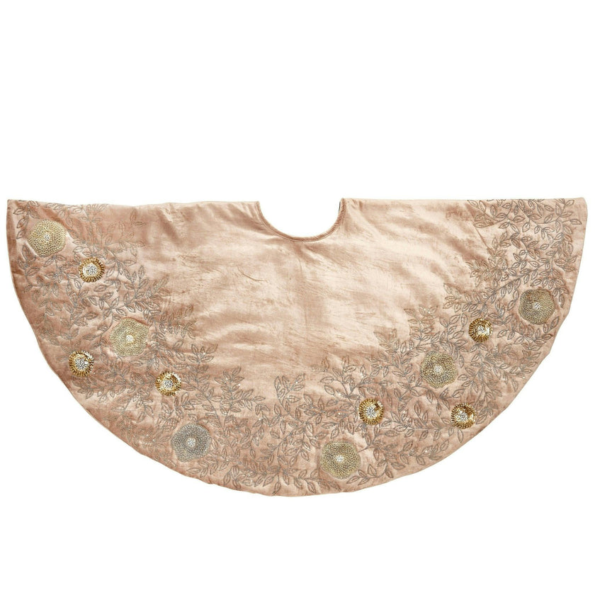 Hand Beaded Floral Christmas Tree Skirt Cafe Au Lait Velvet - 60"