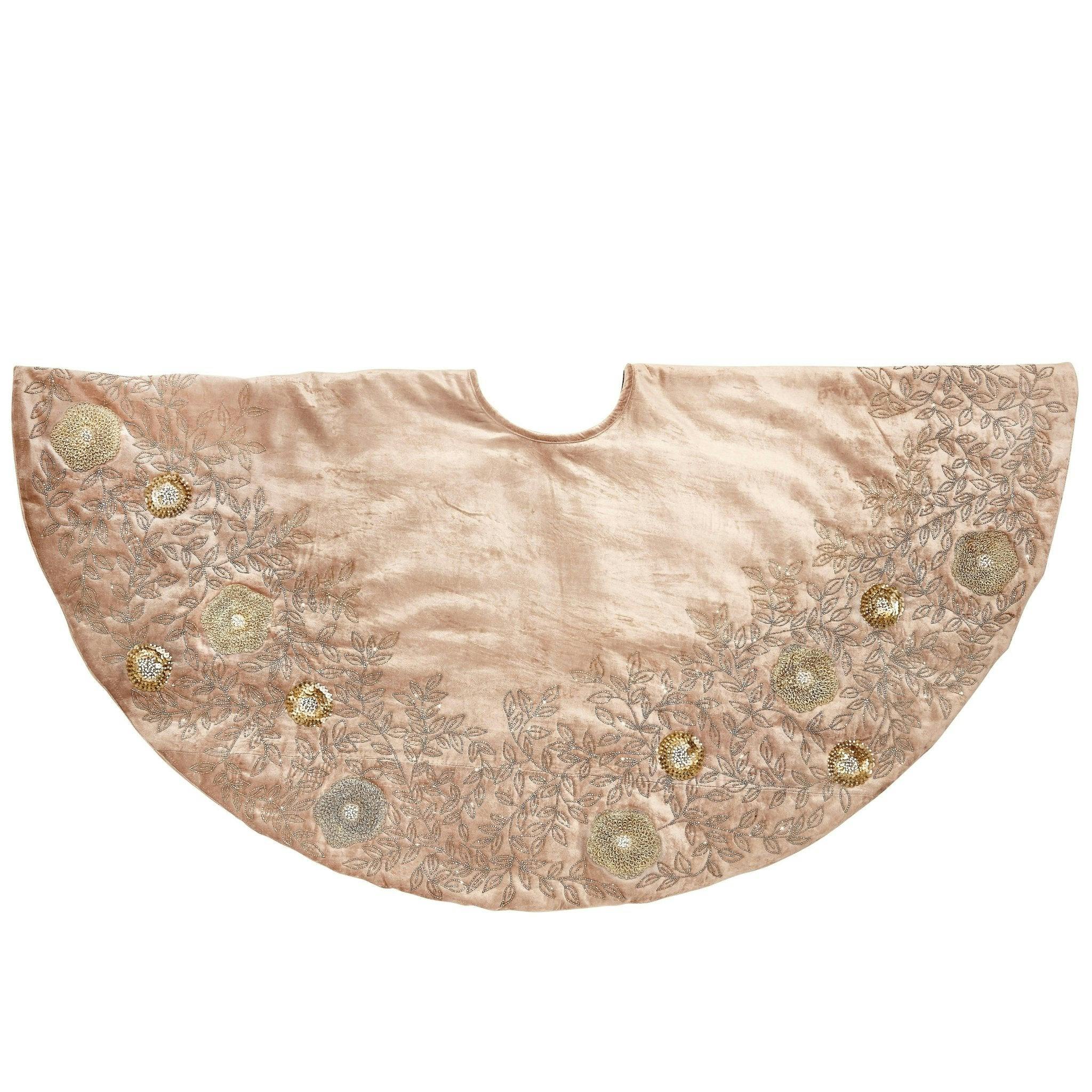 Hand Beaded Floral Christmas Tree Skirt Cafe Au Lait Velvet - 60