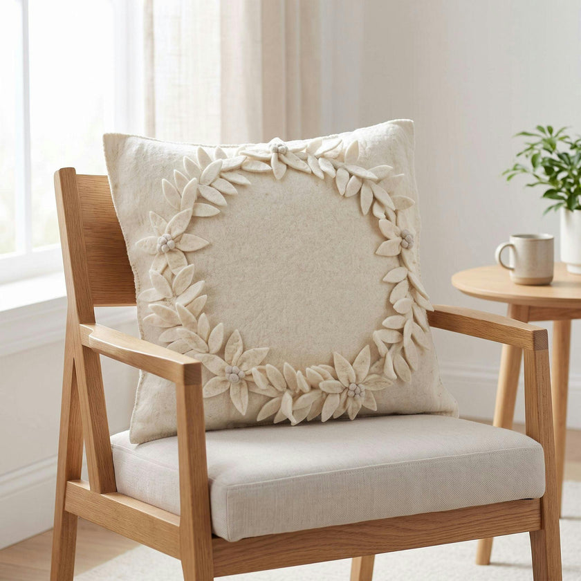 Hand Felted Wool Christmas Pillow, Cream Wreathâ 20"