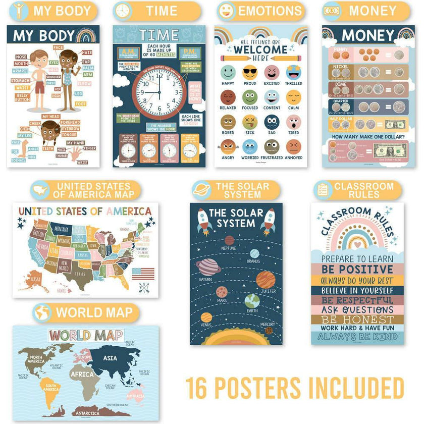 16-Piece Laminated Boho Rainbow Prek & Kindergarten Posters & 8-Piece Calming Corner Posters