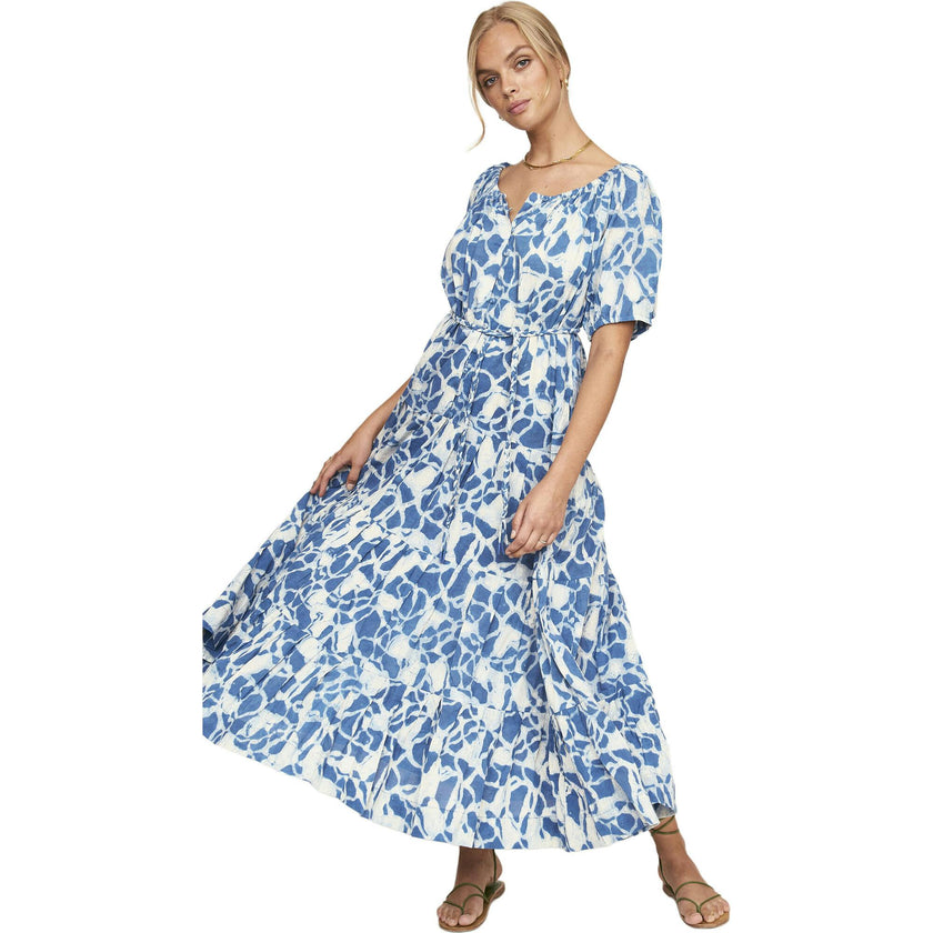 Women's Capri Elastic Bubble Sleeve Tiered Maxi Dress, Blue