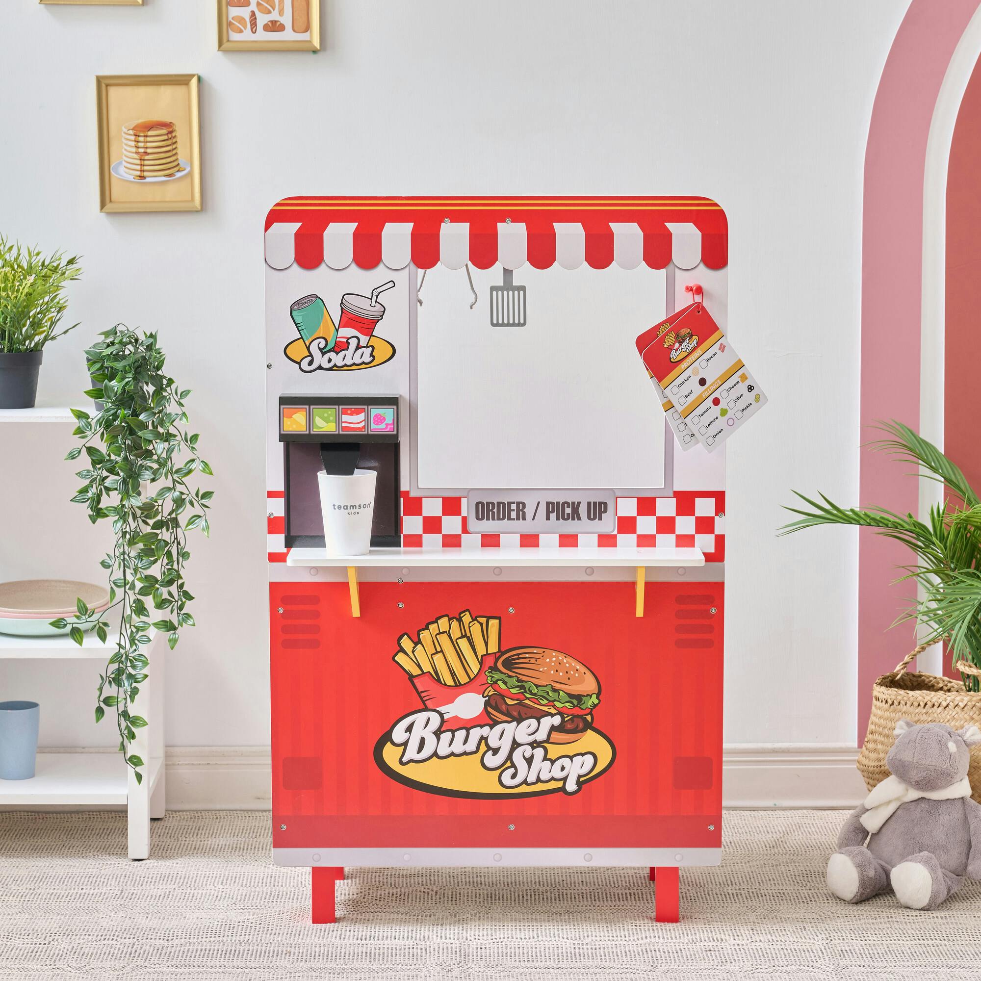 Teamson Kids Flip & Fry Wooden Burger Shop with 29 Pcs Accessories