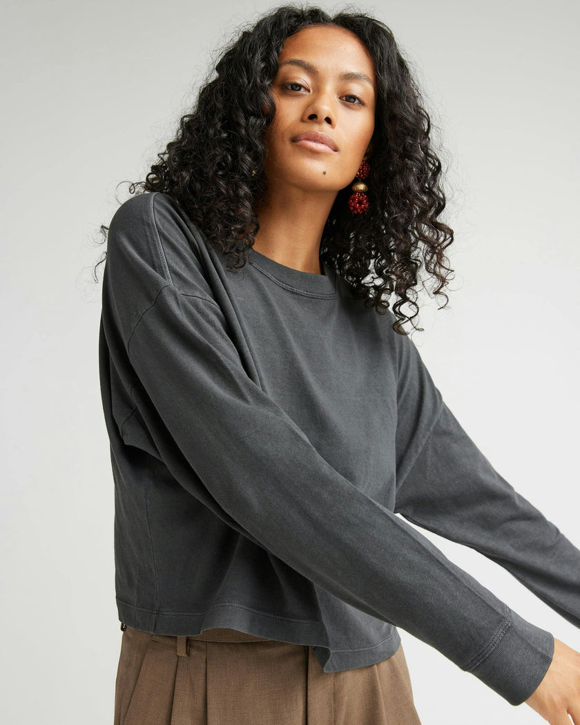 Womens Relaxed Crop Long Sleeve Tee - Pigment Dye Jersey - Stretch Limo