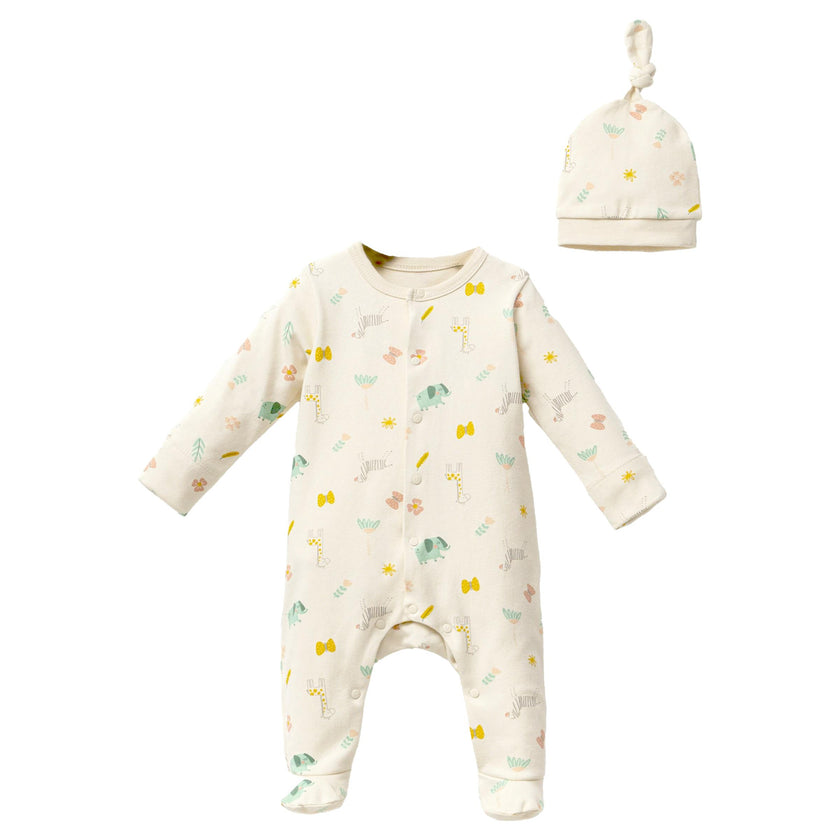 Cream Animal Print Babygrow & Hat