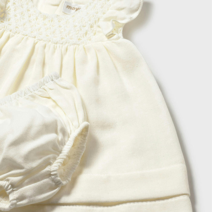 White Textured Baby Dress with Nappy Cover